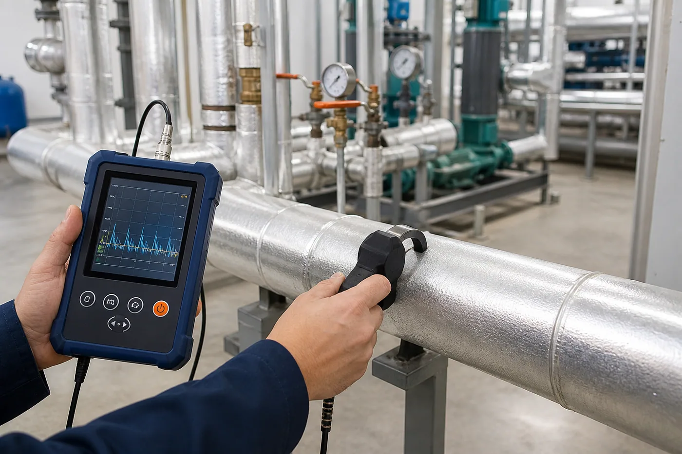Diagnostic equipment checking water distribution piping in a commercial mechanical room