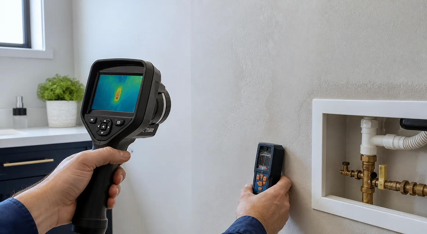 Thermal imaging camera and moisture meter checking a wall near plumbing access
