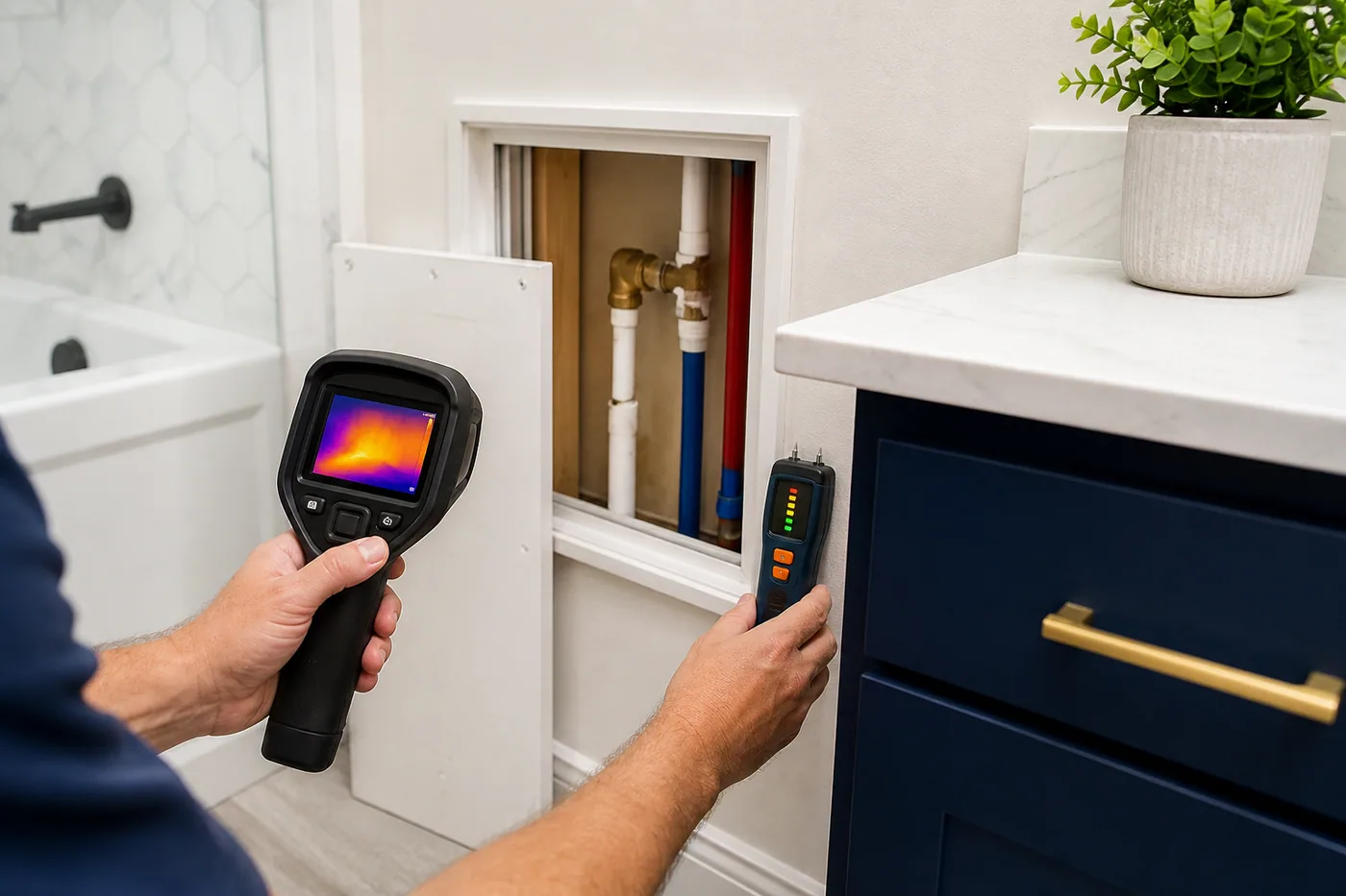 Moisture meter and thermal camera checking concealed plumbing inside a residential wall