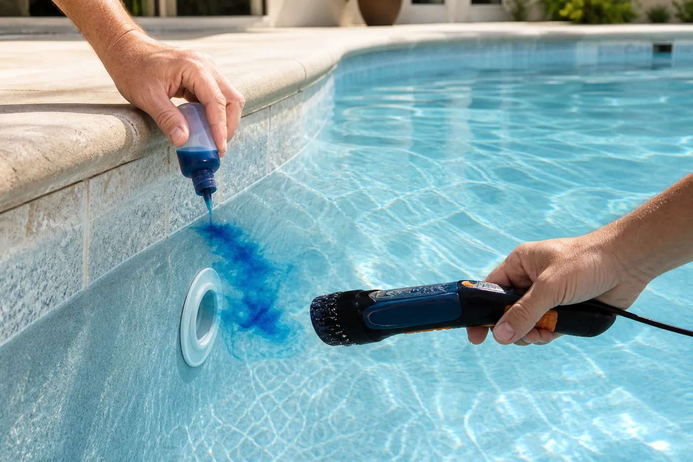 Dye test and inspection tool checking a swimming pool fitting for leakage