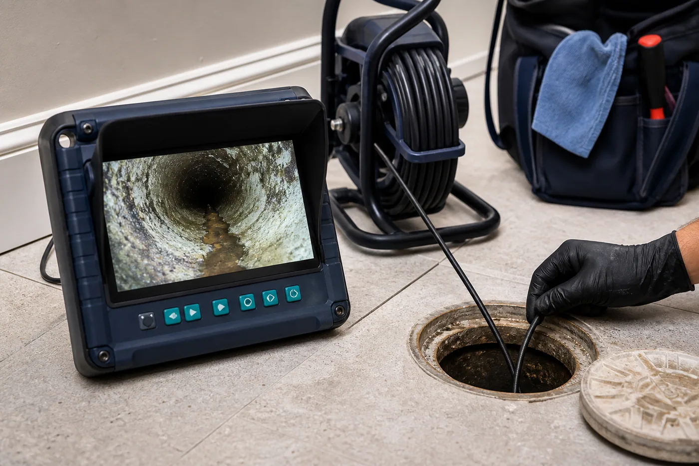 Drain camera monitor and cable used to investigate a sewer line condition