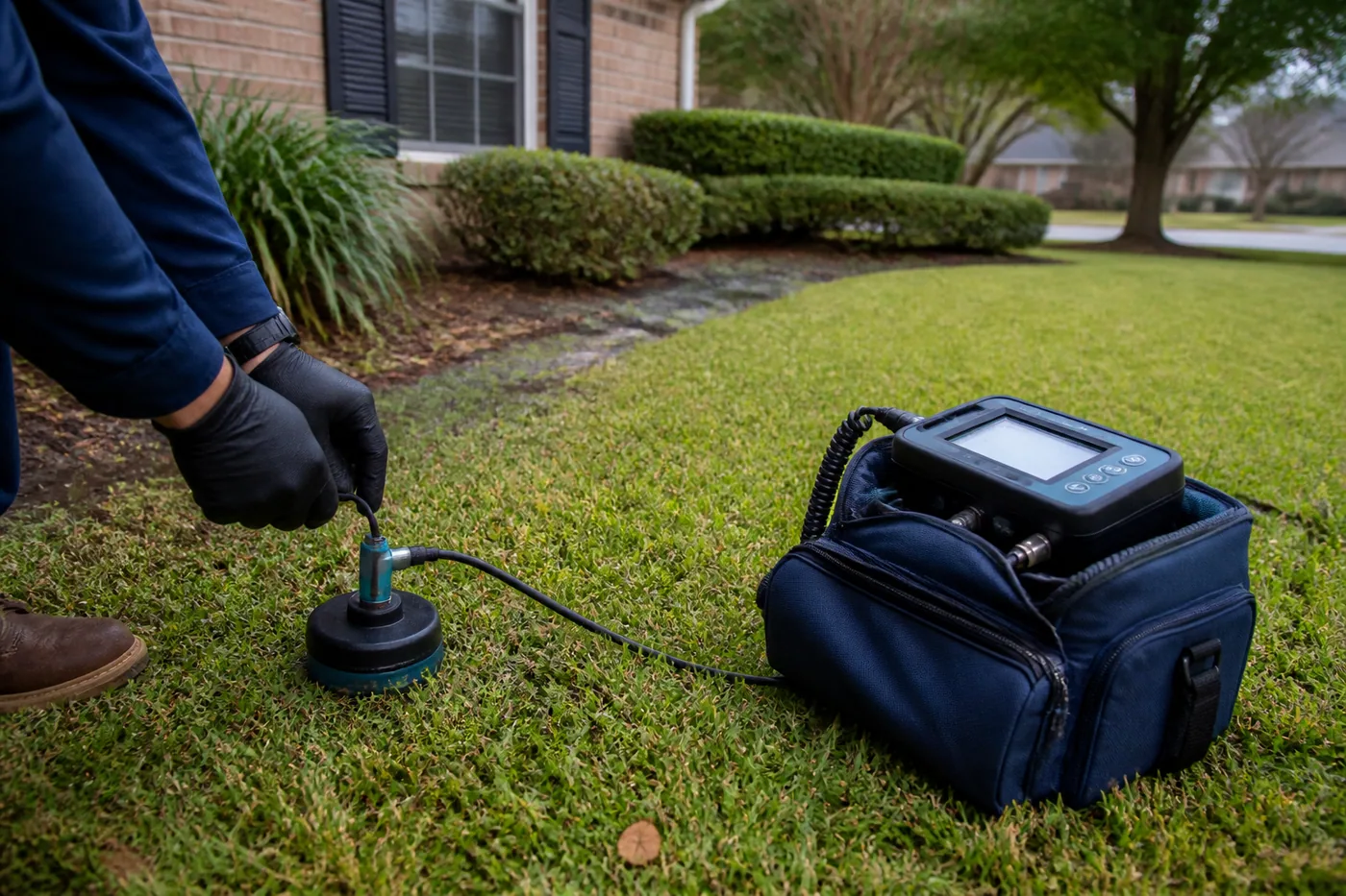 Ground microphone and diagnostic equipment checking a lawn for an underground water leak
